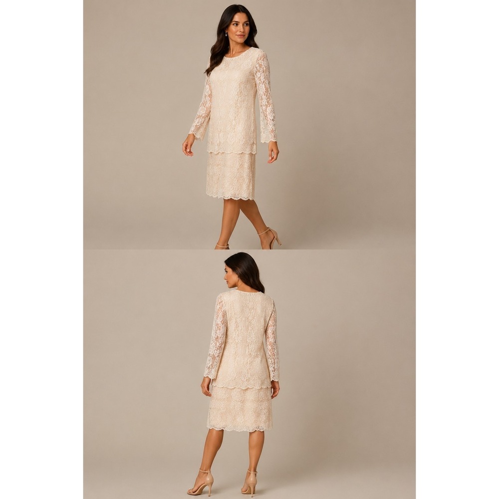 Laurence Kazar Womens Large Ivory Lace Beaded Dress Formal Evening Wedding Rayon